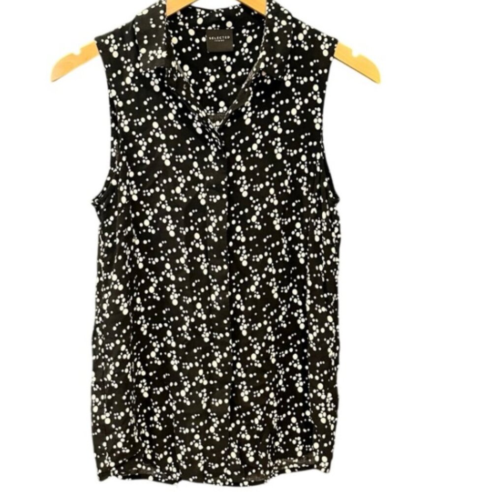 Selected Femme Black & White Dot Sleeveless Button-Up Top – Size XS (EU 34)